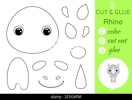 Malbuch schneiden und kleben Baby Nashorn. Pädagogische Papier Spiel für Vorschulkinder. Arbeitsblatt ausschneiden und einfügen. Farbe, Schnittteile und Kleber auf Papier. Stock Vektor
