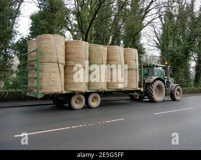 Green Farm Traktor mit Kabine und vier Rädern Anhänger beladen Mit runden Heugeländern zwei hoch geparkt auf Straßenbäumen Im Hintergrund Stockfoto