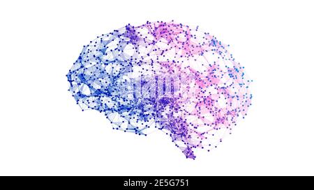 Abstrakte geometrische Gehirn mit Netzwerkverbindungen. 3D-Render Abbildung auf weißem Hintergrund Stockfoto