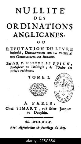 Michel le Quien, Nullité des Ordinations Anglicanes (1725). Stockfoto