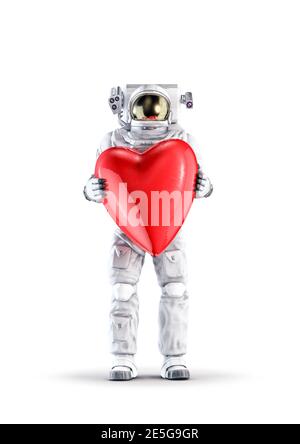 Astronaut mit Valentine Herz / 3D-Darstellung von Raum Anzug Tragen männliche Figur mit großen roten Valentinstag Herz isoliert Auf weißem Studio BA Stockfoto