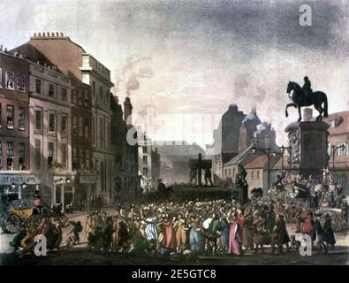 Mikrokosmos der London Plate 062 - Pillory, Charing Cross (Farbe restauriert). Stockfoto