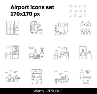 Vektor für Airport Icon Set. Flugsteig, Gepäckbeleg wird angezeigt. Ankünfte, Abflugbereiche. Zoll, Sicherheitskontrolle arbeiten. Empfang und Pass Stock Vektor