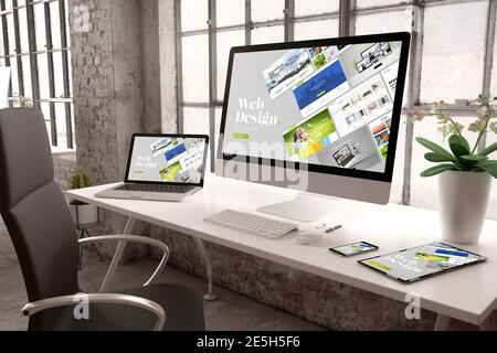 3d-Rendering von Industrie-Büro mit Geräten zeigt Website-Builder Stockfoto