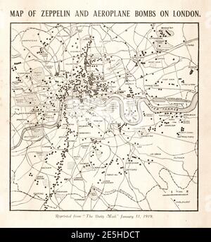 1919 Daily Mail Zeppelin und Bomben Karte von London Stockfoto