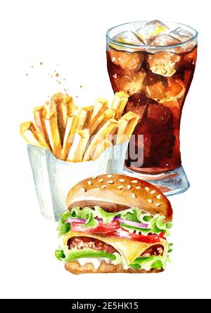 Hamburger, pommes frites, Kartoffel und ein Glas Cola. Fast-Food-Konzept. Aquarell handgezeichnete Illustration, isoliert auf weißem Hintergrund Stockfoto