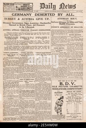 1918 Daily News Titelseite Kapitulation der Türkei und Österreichs Stockfoto