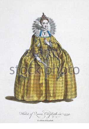 Habit von Königin Elisabeth I. 1559, 1533 – 1603, war Königin von England und Irland von 1558 bis zu ihrem Tod am 24. März 1603, Vintage Illustration von 1817 Stockfoto