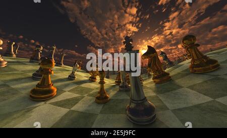 Surreales Schach bei Sonnenuntergang. 3D-Rendering Stockfoto