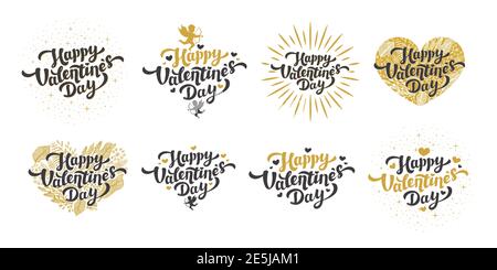 Liebe Tag Texte eingestellt. Golden Happy Valentinstag Zitate und Schriftzüge mit Herzen und Cupids im Vintage-Stil auf weißem Hintergrund. Vektorgrafik Stock Vektor