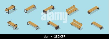 Bänke. Satz isometrischer Vektorbänke. Holzbänke. Parkbänke. Sitzbänke im Freien. Stock Vektor
