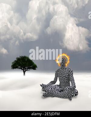 Meditation. Brennender Halo auf dem Menschen in Lotushaltung Stockfoto