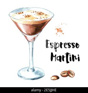 Espresso martini Cocktail mit Kaffeesorten. Aquarell handgezeichnete Illustration isoliert auf weißem Hintergrund Stockfoto