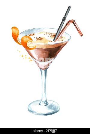 Espresso martini Cocktail mit Orangenschale. Aquarell handgezeichnete Illustration, isoliert auf weißem Hintergrund Stockfoto