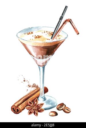 Espresso martini Cocktail mit Kaffeesorten und Gewürzen. Aquarell handgezeichnete Illustration, isoliert auf weißem Hintergrund Stockfoto