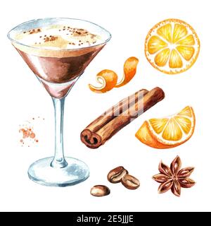 Espresso martini Cocktail mit Kaffeesorten und Gewürzset. Aquarell handgezeichnete Illustration, isoliert auf weißem Hintergrund Stockfoto