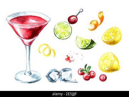 Kosmopolitisches Cocktailset. Aquarell handgezeichnete Illustration, isoliert auf weißem Hintergrund Stockfoto