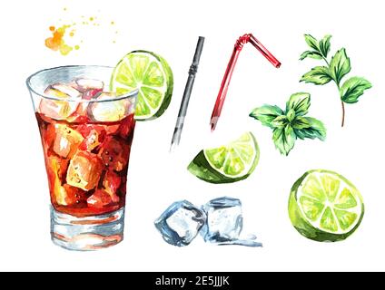 Cuba Libre Cocktailset. Aquarell handgezeichnete Illustration, isoliert auf weißem Hintergrund Stockfoto