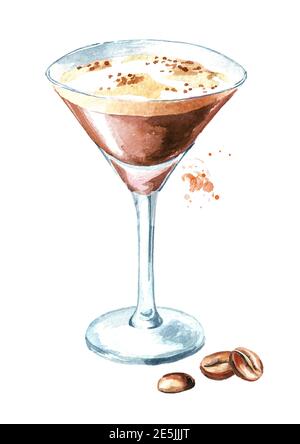 Espresso martini Cocktail mit Kaffeesorten. Aquarell handgezeichnete Illustration, isoliert auf weißem Hintergrund Stockfoto