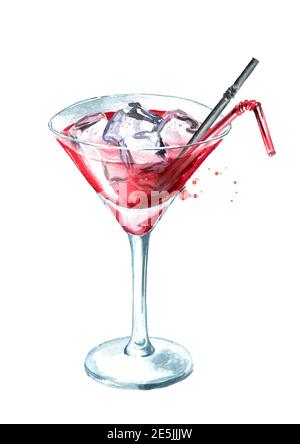 Kosmopolitischer Cocktail mit Eiswürfeln. Aquarell handgezeichnete Illustration isoliert auf weißem Hintergrund Stockfoto