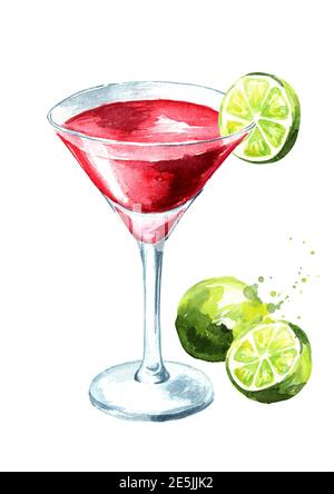 Kosmopolitischer Cocktail mit Limette. Aquarell handgezeichnete Illustration, isoliert auf weißem Hintergrund Stockfoto