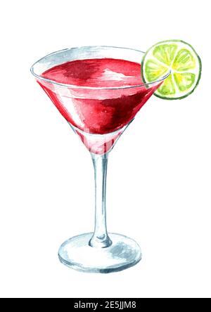 Kosmopolitischer Cocktail mit Limette. Aquarell handgezeichnete Illustration isoliert auf weißem Hintergrund Stockfoto