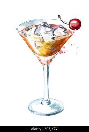 Manhattan-Cocktail. Aquarell handgezeichnete Illustration isoliert auf weißem Hintergrund Stockfoto