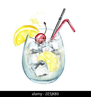 Tom Collins Cocktail mit Kirsche, Zitrone und Eiswürfeln. Aquarell handgezeichnete Illustration, isoliert auf weißem Hintergrund Stockfoto