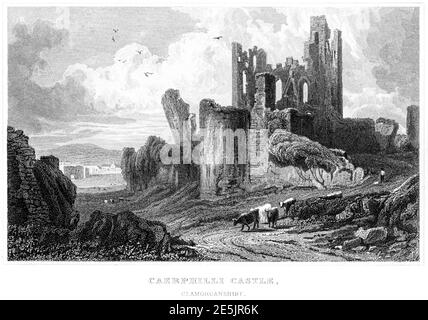 Ein Stich von Caerphilli (Caerphilly) Castle, Glamorganshire, gescannt mit hoher Auflösung aus einem Buch im Jahr 1854 veröffentlicht. Für urheberrechtlich frei gehalten. Stockfoto