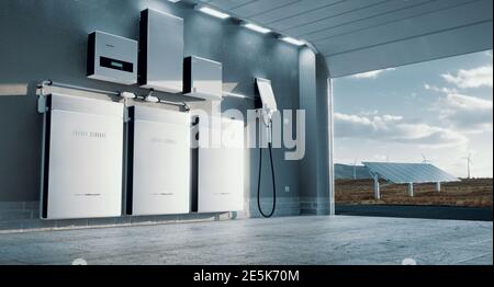 Konzept eines Energiespeichersystems für zu Hause auf Basis eines Lithium-Ionen-Akku in einer modernen Garage mit Blick auf eine weite Landschaft mit Solarstrom Stockfoto