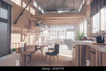 Rustikales kleines Haus Innenarchitektur mit Küche, Wohnzimmer und Schlafzimmer im Zwischengeschoss in warmen Sonnenuntergang Licht. 3d-Rendering. Stockfoto