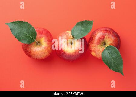 Rote Äpfel mit Blättern auf Papier Hintergrund. Gala-Apfelkomposition. Blick von oben Stockfoto