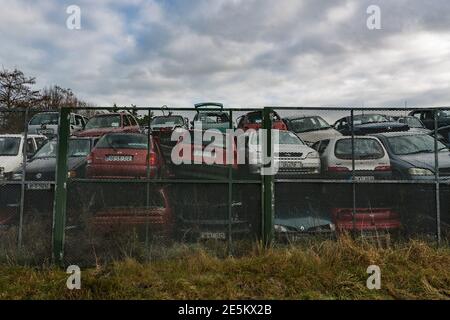 Listowel, Irland - 7. Januar 2021: Haufen ausrangierte alte Autos in einem Schrottplatz. Stockfoto