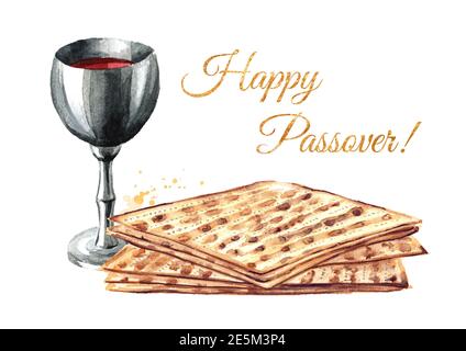 Roter koscherer Wein im silbernen Glas mit Matzah oder Matza. Passahseder-Mahlzeit. Pesach. Aquarell handgezeichnete Illustration isoliert auf weißem Hintergrund Stockfoto