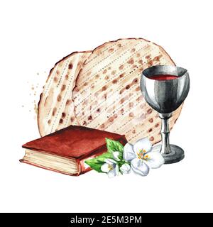 Roter koscher Wein im Silberglas, traditionelles jüdisches Buch Haggadah und Matzah oder Matza. Passahseder-Mahlzeit. Pesach. Aquarell handgezeichnete Illustra Stockfoto