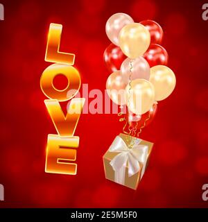 Realistische Geschenkbox mit Luftballons und Inschrift Love. Feiertagsgestaltung für Party, Geburtstag, Jubiläum, Valentinstag, Hochzeit. Vektor Stock Vektor