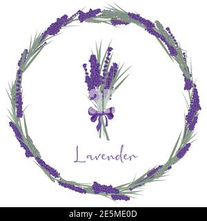 Lavendel Rahmen, Hochzeit, Kreis runden Kranz lila Blüten Blätter. vektor Kräuterpflanze Set. Speichern Sie die Datumskarte Stock Vektor