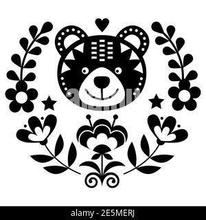 Skandinavische Bär Volkskunst Vektor rundes Muster mit Blumen und Kranz, nordische Blumen schwarz und weiß Grußkarte oder Einladung von traditi inspiriert Stock Vektor