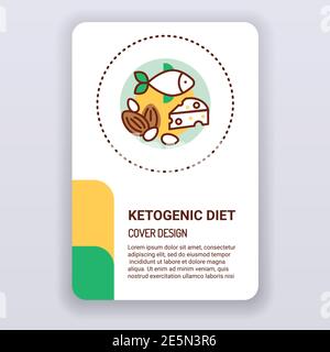 Vorlage für die Broschüre „Ketogene Ernährung“. Design der Abdeckung des Gesundheitswesens. Print-Design mit linearer Illustration Cartoon-Figur auf weißem Hintergrund. Stock Vektor