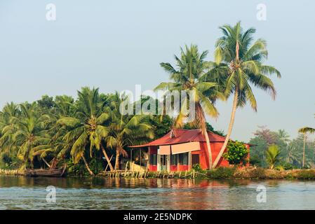 Reisen Sie in das wunderschöne Kerala Backwaters und genießen Sie die Palmenlandschaft von Alappuzha, Indien Stockfoto