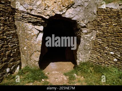 Blick nordwestlich des Eingangs & Vorhofhörner von Stoney Littleton Neolithische Kammergrab, Somerset, England, Großbritannien, mit einem Ammonit auf W Türpfosten gegossen. Stockfoto