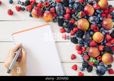 Einkaufsliste mit gemischtem Obst und Zutaten mit Pflaume, Himbeere, Heidelbeere, Brombeere aus der Draufsicht Stockfoto