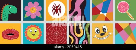 Postersammlung handgezeichnete abstrakte Formen, lustige Comic-Figuren. Stock Vektor