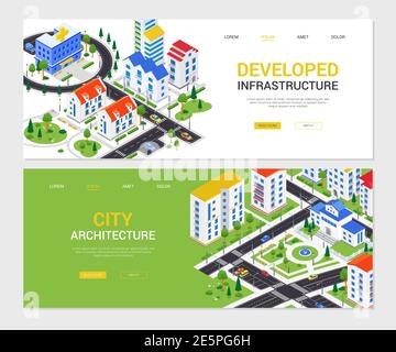 City Infrastructure - Satz von modernen bunten isometrischen Web-Banner mit Platz für Text kopieren. Landschaften mit einem Krankenhaus, Schulgebäude, Wohnung ho Stock Vektor