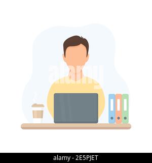 Freiberufler oder Geschäftsmann, der mit einem Laptop arbeitet. Coworking Business Space. Arbeiten zu Hause Vektor-Illustration isoliert auf weiß. Freiberufliches Konzept Stock Vektor