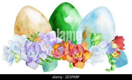 Aquarell Ostern bunte Eier mit Freesie und Gras. Stockfoto