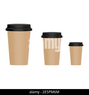 3D-Symbole für Kaffeetassen eingestellt. Braunes Mockup-Glas aus Papier oder Kunststoff. Verschiedene Größe Tassen Sammlung. Vektorgrafik isoliert auf Weiß. Stock Vektor