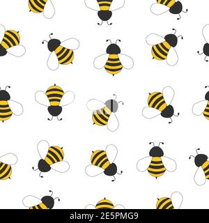 Nahtloses Muster mit fliegenden Bienen. Vektor Cartoon schwarz und gelb Bienen auf weißem Hintergrund isoliert. Stock Vektor