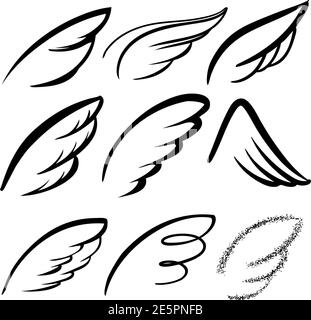 Engel Flügel Symbol Set Skizze, stilisierte Vogel Flügel Sammlung Cartoon Hand gezeichnete Vektor Illustration Skizze. Stock Vektor