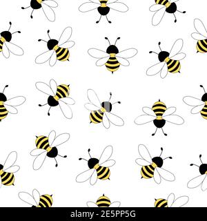 Nahtloses Muster mit fliegenden Bienen. Vektor Cartoon schwarz und gelb Bienen auf weißem Hintergrund isoliert. Stock Vektor